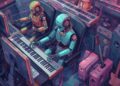 Robots, making music, but still getting it wrong? Ironically, AI generated.