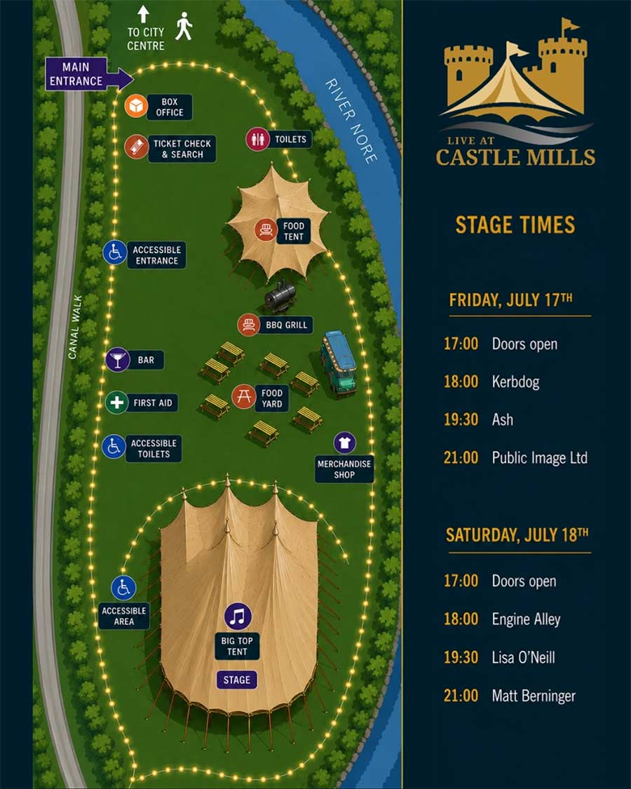 Live At Castle Mills site map and stage times.